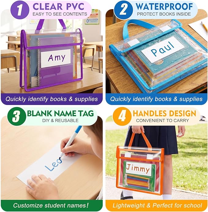 Teling 36 Pack Thick Clear Book Pouches with Blank Name Tags and Handles Book Baggies Bags Bins Organizer for School Classroom Library Pockets Students (14 x 11 Inch,Bright Color)
