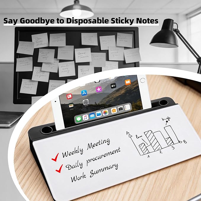 Desktop Whiteboard, Glass Dry Erase Board, Desk Board Buddy,Computer Keyboard Stand,Desk Whiteboard Organizer for Home,Office,School Supplies(Black)