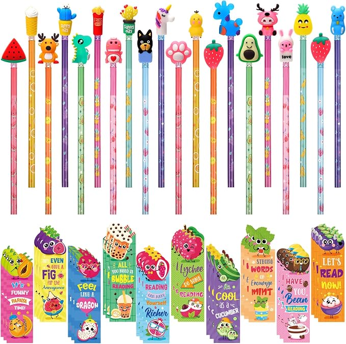 Teling 80 Pcs Scented Bookmarks and Pencils with Cute Toppers Set Fun Pencils Fruit Food Theme Scratch and Sniff Bookmarks Cartoon Pen Toppers Study Supplies(Novel Style)