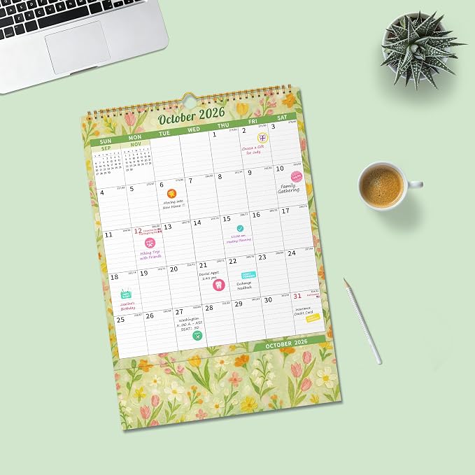 Ospelelf Wall Calendar 2026-2027 with Storage Pockets, 17" X 12" Monthly Large Planner Pad with Protective Cover and Stickers, for Family Fridge Office Teacher Student, Use July 2026 to December 2027 Artistic Floral