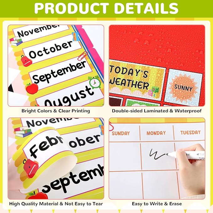 Back to School Calendar Bulletin Board Set for Classroom Decoration Colorful Pencil Apple Calendar Seasons Weather Chart Pencil CTP Bulletin Board Paper-Cuts for Teachers Elementary School Classroom