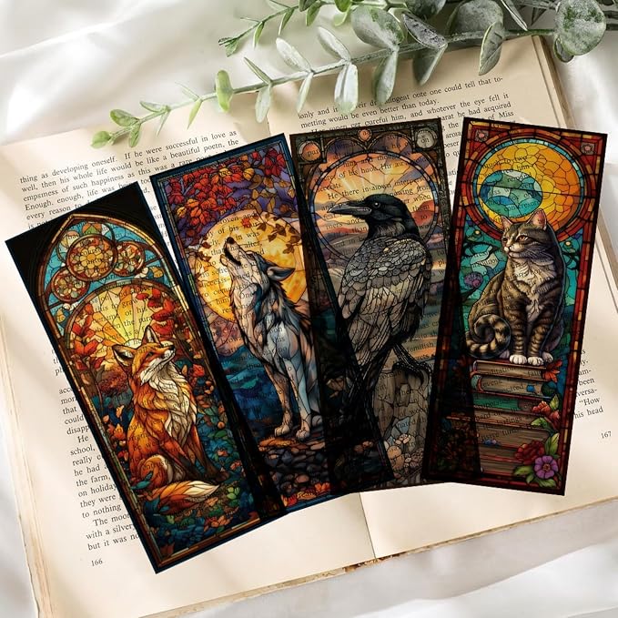 Cute Animals Bookmark Gifts - 10 Pcs Fantasy Cool Cats Stained Glass Art Bookmarks for Women Book Lovers Students Pretty Page Marks School Reading Accessories Bookish Birthday Graduation Gift