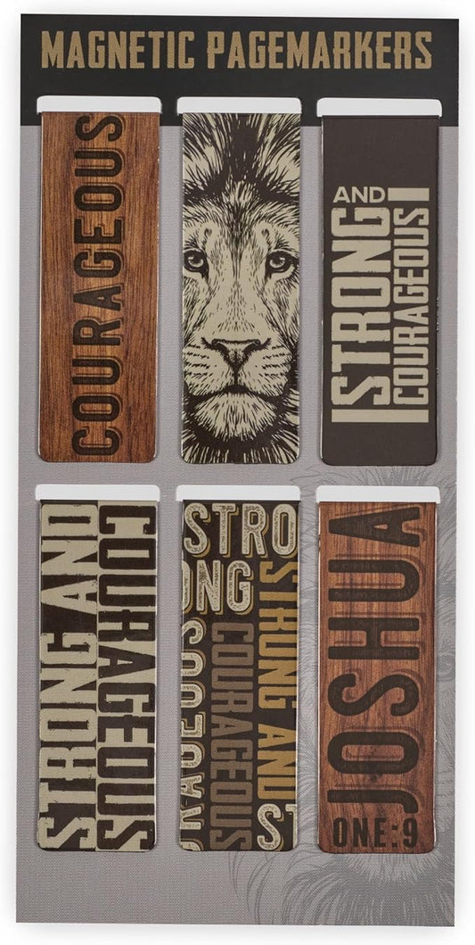 Christian Art Gifts Magnetic Scripture Bookmark/Pagemarker Set for Men: Strong & Courageous Lion - Set of 6, Inspirational Scripture for Bibles, Fridges, Books, Multicolor/Brown/Black/Gray, Small