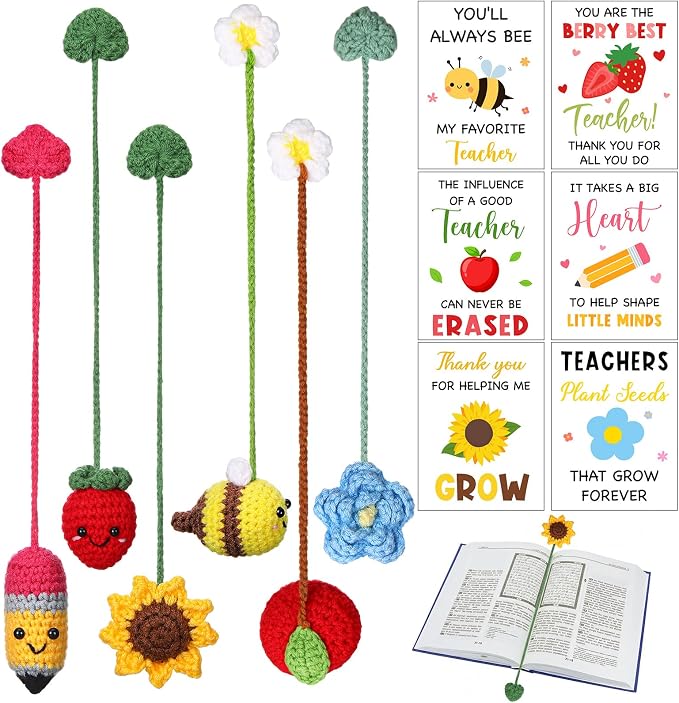 Gueevin 6 Sets Graduation Gifts for Teacher, Teachers Crochet Bookmarks Thank You Gifts for Women Crochet Bookmarks with Cards and OPP Bags for Graduation End of Year Supplies