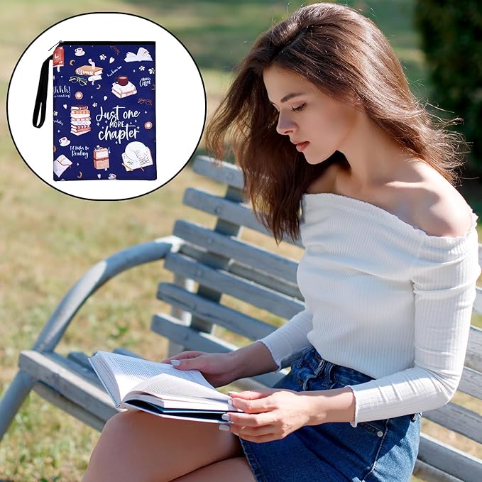Just One More Chapter Book Sleeve, 11x 8.5 inch Waterproof Book Protector with Zipper and Front Pocket Washable Canvas Paperback Cover for Readers Lovers Gifts Books Accessories Travel Vacation