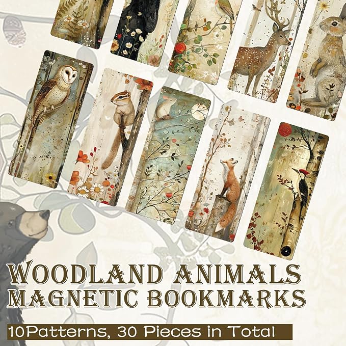 30 Pcs Woodland Animals Magnetic Bookmarks, Vintage Watercolor Animals Bookmark Bulk for Women Man, Forest Trees Book Mark Gift for Reading Lovers Library Accessories