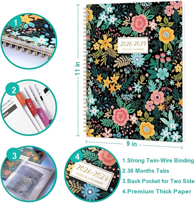 2026-2029 Monthly Planner/Calendar - 3 Year Planner 2026-2029 - July 2026 - June 2029, 9'' x 11'', 3 Year Calendar Planner 26-29, 36 Months, Colorful Tabs, Inner Pocket, Notes Pages, Great for School Work Home Long-Term Planning