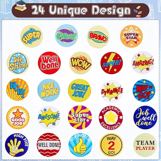 Outus 3 Rolls Motivational Stickers for Kids, 1500 Pcs Inspirational Cartoon Reward Stickers Teacher Supplies for Potty Training School Classroom Students Prizes, 24 Designs(Classic Style)