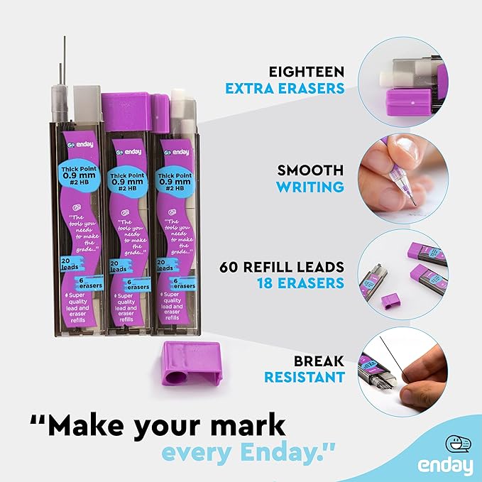 Enday Mechanical Pencil Refills, Black HB #2 Lead, White Eraser, Pack of 3 (20 Leads & 6 Erasers per Tube)
