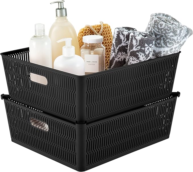 Simplify 4Pk Shallow Slide 2 Stack It Tote Basket | Storage & Organization | Open Bins with Stackable Capability | Bathroom | Crafts | Pantry | Playroom | Office | Black