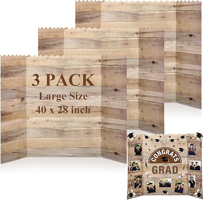 3 Pack Large Graduation Trifold Poster Board 40 x 28 Inch Wood Grain Photo Display Board Rustic Vintage Corrugated Project Boards for 2026 Grad Party Decoration Picture Collage Supply