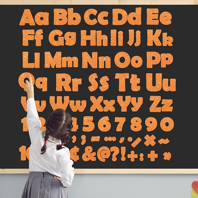 Qyeahkj 260Pcs Glitter Orange Bulletin Board Letters for Classroom 4” Letter Combo Pack Set Numbers Alphabet Poster Board Punctuation Symbol Cutout with Adhesive Dots for School Classroom Wall Decor