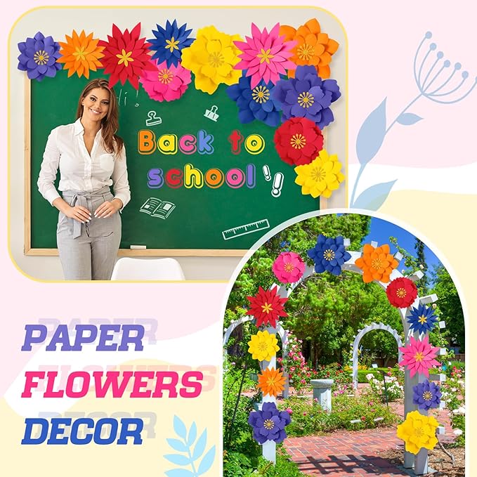 MotiMind 12 Pcs Paper Flowers Decorations for Wall DIY Paper Flowers Bulletin Board 3D Handcrafted Backdrop Decoration for Classroom Back to School Party(Classic Color)