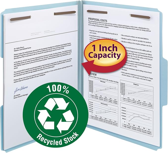 Smead 100% Recycled Pressboard Fastener File Folder, 2 Fasteners, 1/3-Cut Tab, 1" Expansion, Letter Size, Blue, 25 per Box (15000)