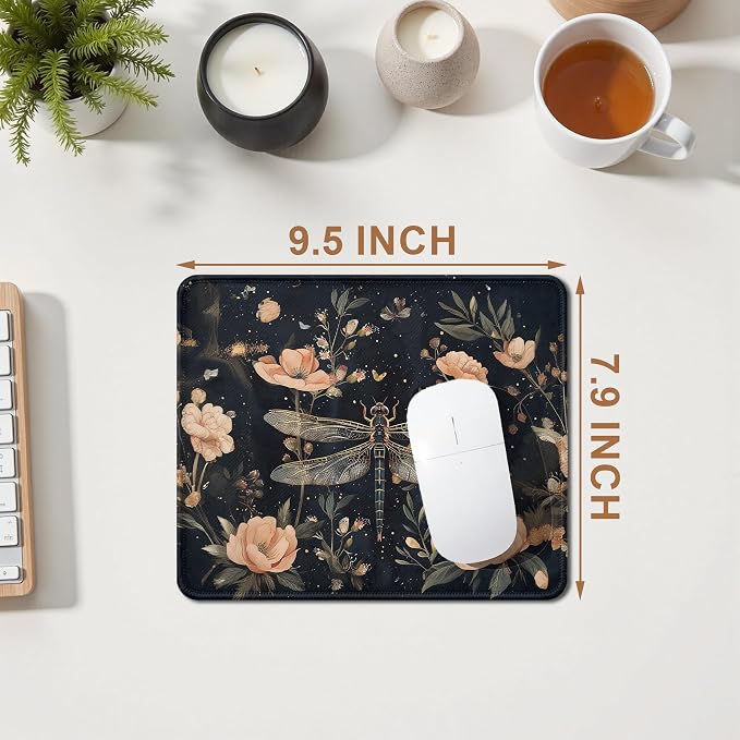 Vintage Boho Floral Dragonfly Mouse Pad, Dark Cottagecore Wildflower Botanical Round Mousepad for Home Office Computer Laptop Desk Accessories, Rustic Dragonfly Gifts, 7.9x7.9 Inch