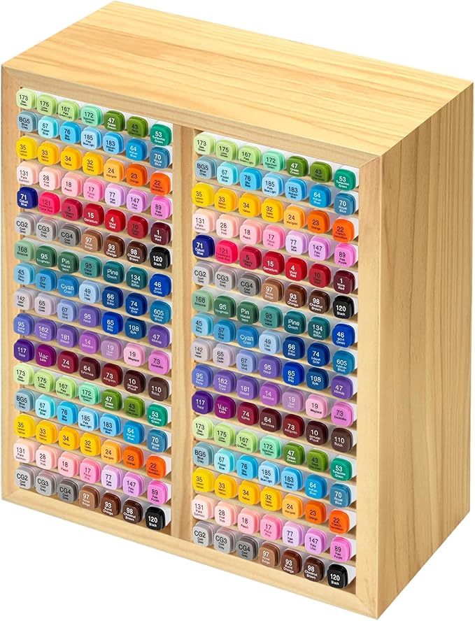PROLEE Marker Organizer for 224 Markers,Wooden Marker Holder with 32 Slots, Pens Pencils Art Supply Alcohol Markers Storage Organizer for Desk Home Classroom Office Decor(Natural,15“x11”x5.2 “)
