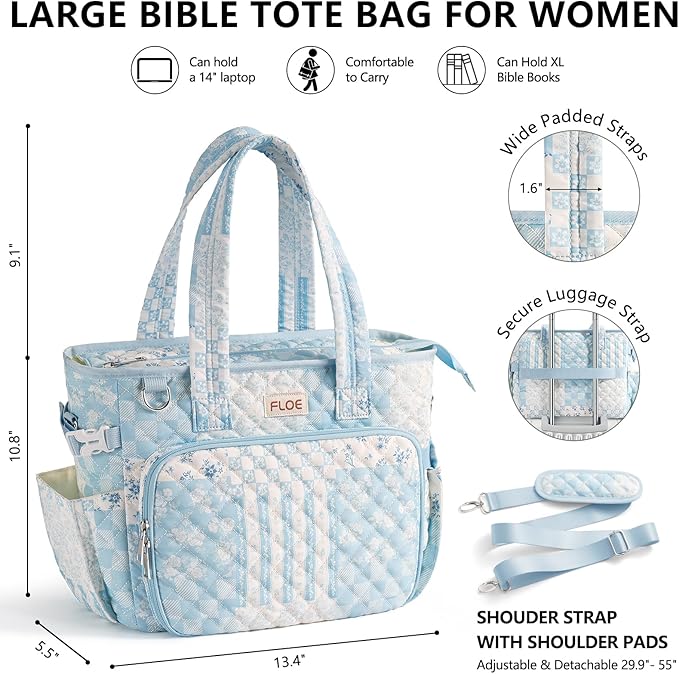 Large Bible Bag for Women Bible Cover Case, Quilted Puffer Bible Tote Bag Church Bag w/Shoulder Strap, Bible Study Supplies Journaling Kit Accessories Tabs, Mothers Day Christian Gifts for Women Mom