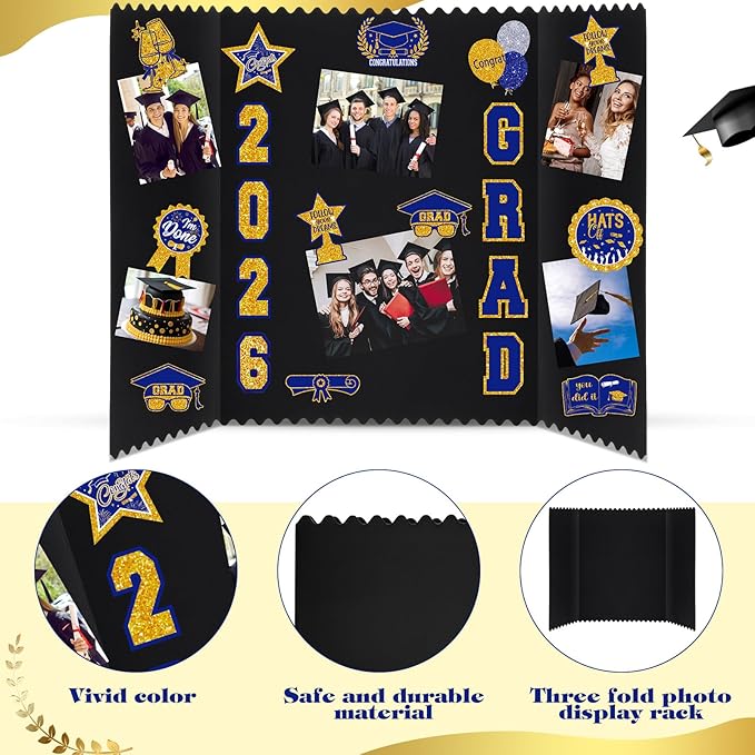 AmazingSpark 4 Sets Graduation Photo Display Board Trifold Poster Board with 12 Graduation Themed Stickers for 2026 Grad Party Decoration Picture Collage Frame Supplies (24 x 16,Blue Gold)
