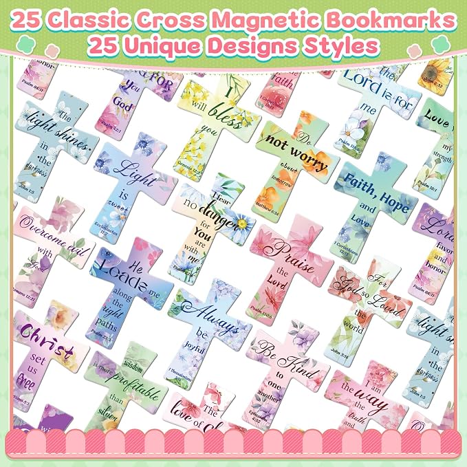 25Pack Magnetic Bookmarks Bulk Cross Bible Bookmark Christian Bookmarks for Women Men Kids Adults Teacher Book Lovers Gifts, Book Marks for Reading Religious Verses Magnet Bookmark Clips (Flower)