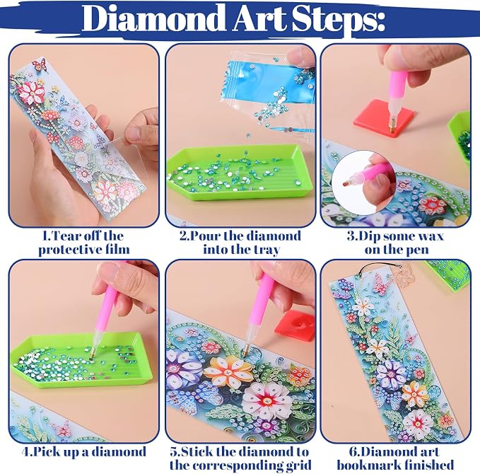 4Pcs Bookmarks Diamond Book Mark Kit Diamond Art Accessories Paint by Dots Bookmarkers Craft DIY Gem with Rhinestone Tassel Paint by Diamonds for Women Graduation Birthday Reader