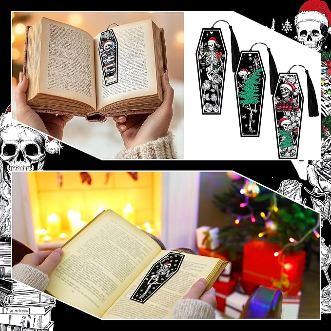 Kolldenn 120 Pcs 12 Styles Christmas Gothic Skeleton Coffin Bookmarks Double Sided Book Tracker Skull Horror Bookmark Gothic Book Marker with Black Tassels for Reading Lovers Gifts Accessories