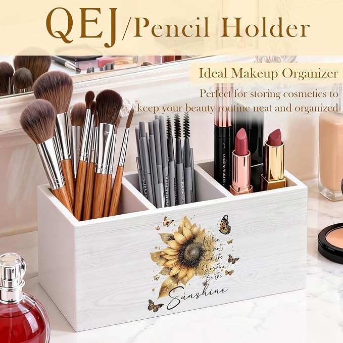 Sunflower Motivational Pen Holder for Desk, Inspirational Gifts for Women, Positive Affirmation Wooden Box Pencil Pen Organizer for Home Office Desk Tabletop