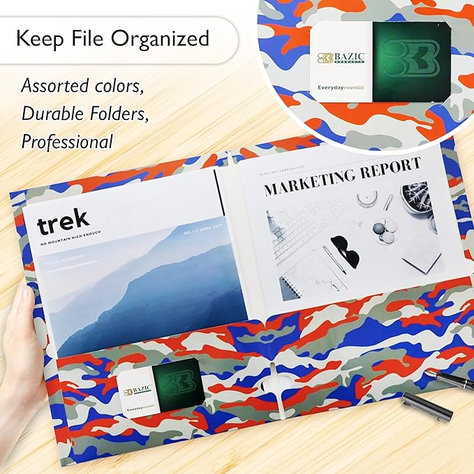BAZIC Products 2 Pocket Paper Folder, Letter Size Document Organizer for School, Office, Business Use, Camouflage Design Portfolio Folder for Homework, Reports & Forms, Assorted Colors, 48-Pack