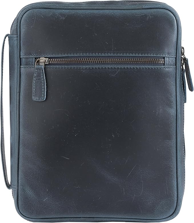 Leather Bible Cover for Men & Women – Zippered Bible Case with Handle, Note & Pen Organizer – Fits Large Study Bible – 11.5x8.5 Inch (Blue)