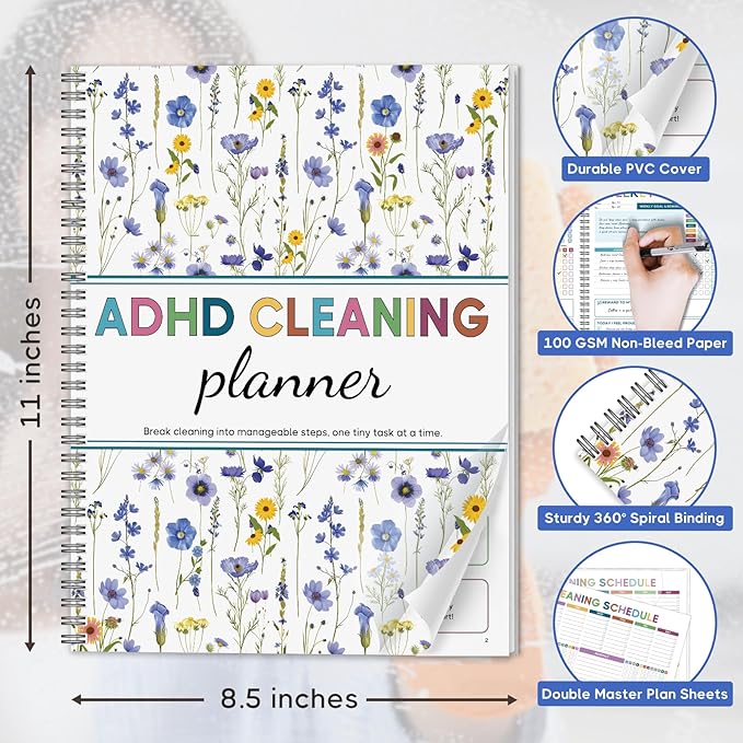ADHD Cleaning Planner for Adults - Floral Cover Design. Undated Colorful Daily Weekly Monthly Quarterly Yearly Chore Tracker Log. Wipe-Clean PVC Spiral Journal for Organizing Home & Dopamine Menu List