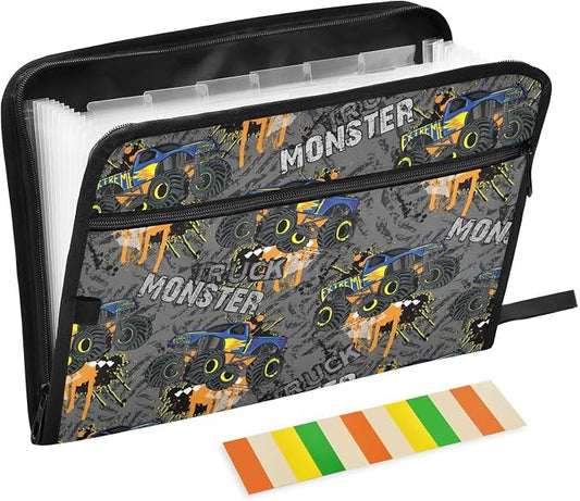 Monster Truck Car File Folders,Plastic Folders with 13 Pockets,Expandable File Folder for Documents School Students Office,Aesthetic Folder with Labels A4 Letter Size