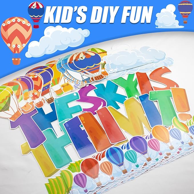 Kepeel Hot Air Balloon Classroom Bulletin Board Decorations with Inspirational Sayings, The Sky is The Limit Art Cutouts for Kids Back to School Kindergarten Classroom Office Nursery Party Supplies