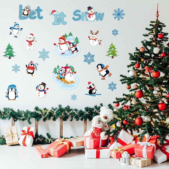 Faccito 62 Pcs Winter Bulletin Board Decorations Penguin Snowflake Snowman Cutouts Christmas Tree Cutouts Winter Snow Bulletin Board Set with Glue Point Dot for Xmas Holiday Classroom Home Party Suppy