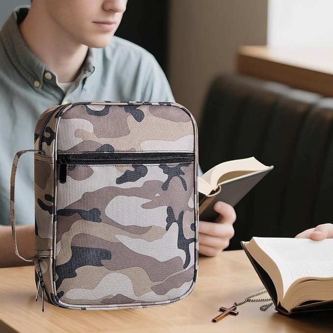 Bible Cover for Men Bible Book Cover Canvas Carrying Case Book Protector Case Large Bible Cover with Durable Handle Bible Study Supplies Accessories Christian Gifts (New Grey Camouflage, Large)
