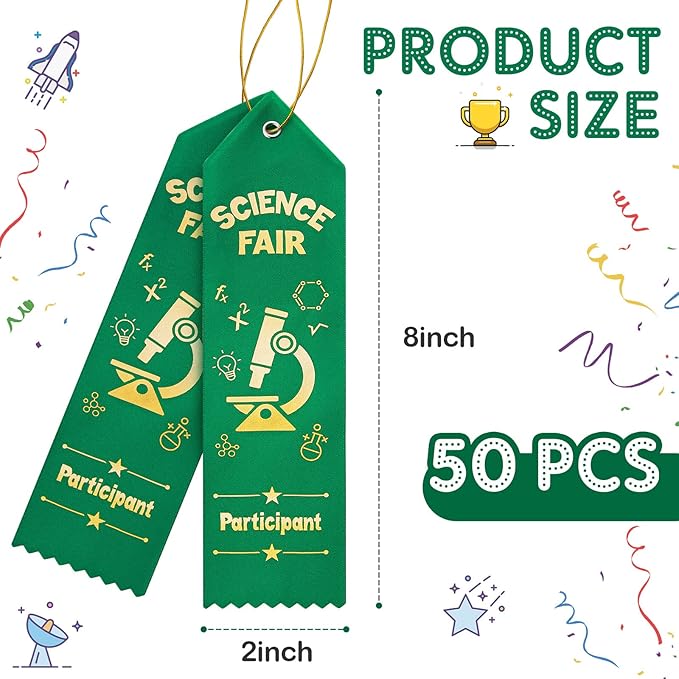 Taiyin 50 Pcs Science Fair Participant Award Ribbons with Event Card String Green Participation Prize Ribbons for Science Fair Competition Event School Team
