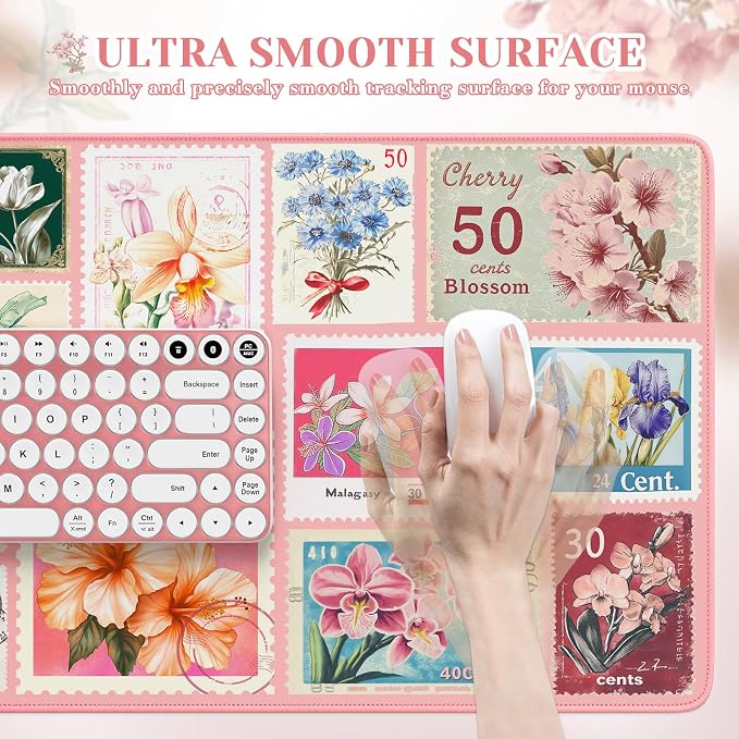 iCasso Pink Floral Desk Pad Mat, XXL Large Mouse Pad, Anti-Slip Retro Mousepad with Stitched Edges, Computer Keyboard Mat for Desktop Decor, Aesthetic Office Desk Accessories for Women(Pastel Pink)