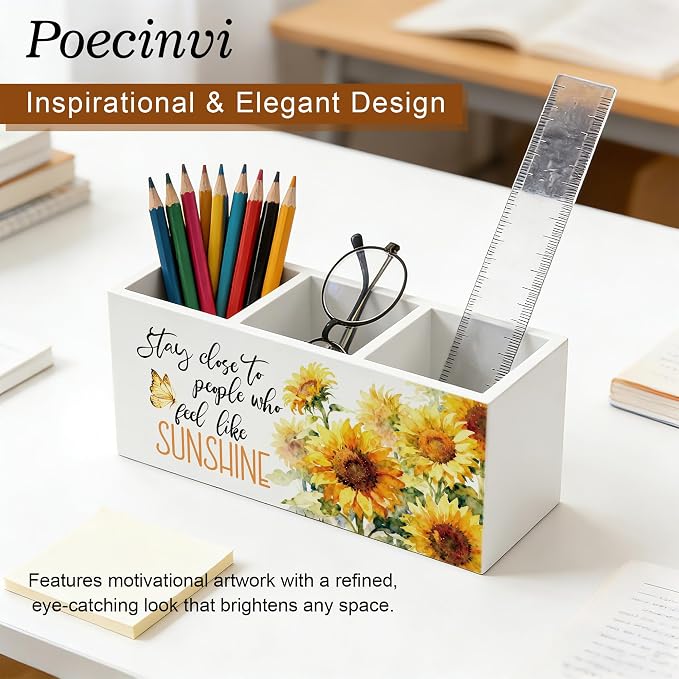 Inspirational Sunflower Pen Holder for Home Office Desk, Stay Close to People Who Feel Like Sunshine Motivational Wooden Box Sign Pencil Holder for Desk Shelf Organizer