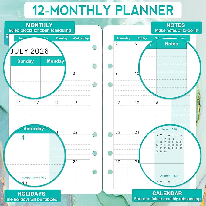 2026-2027 Planner Refills - Planner Refills, July 2026 - June 2027, A6 Planner Inserts, Weekly and Monthly Planner 2026-2027, 3.75" x 6.75", A6 Planners Refill, 6-Hole Punched