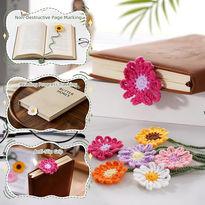 12 Packs Personalized Flower Crochet Bookmarks,Daisy Sunflower Book Marker Appreciation Gifts for Teacher Reading Women Colourful Flower Book Tabs Supplies Bulk for Book Lovers Office Classroom Gifts