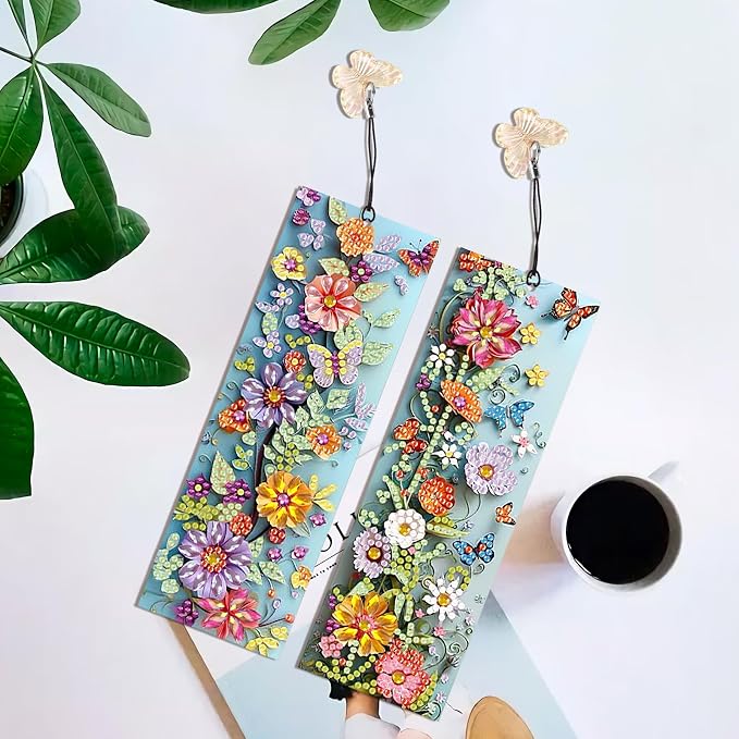 4 Pcs 5D Flowers and Butterfly Diamond Art Bookmarks,DIY Diamond Painting Book Marks with Rhinestone Tassel for Graduation Birthday Reader Gifts