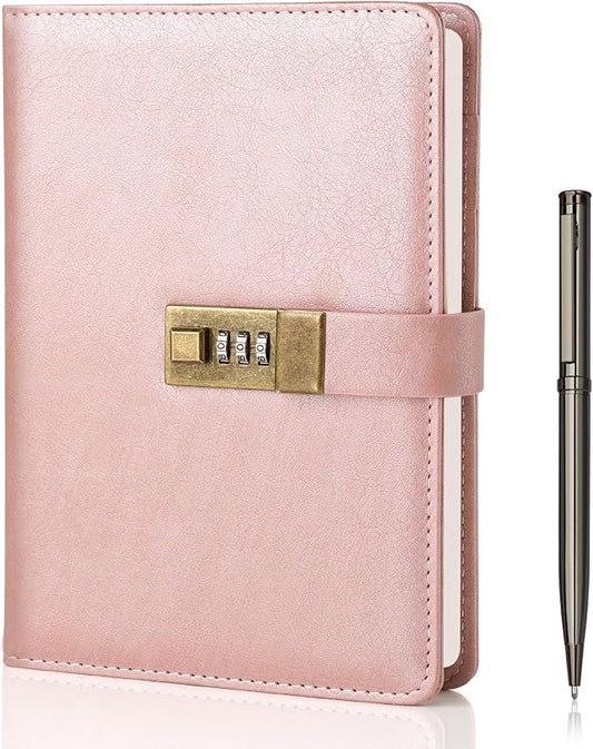 WEMATE Diary with Lock, A5 PU Leather Journal with Lock 240 Pages, Vintage Locks Journal Password Notebook with Pen, Locks Diary Planner Organizer for Men and Women, 8.6x5.8in