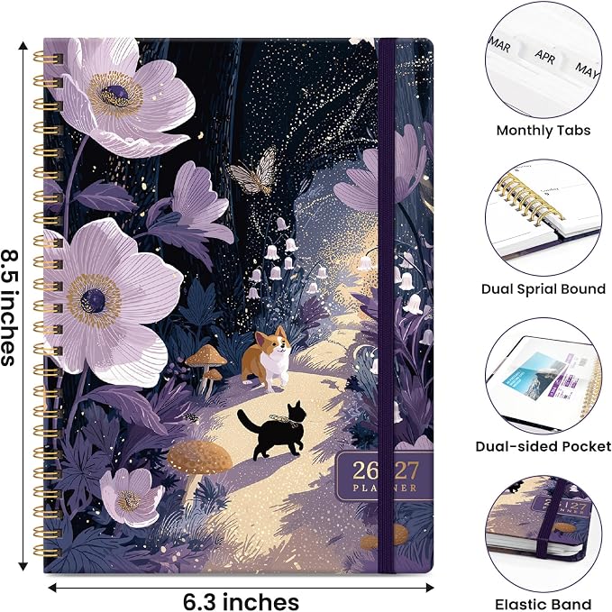 Planner 2026–2027, Academic Planner Weekly and Monthly Calendar Jul 2026 – Jun 2027 Hardcover Planner with Tabs and Pocket, Spiral Bound Agenda Book for Student & Teacher, 6.3" x 8.5", Twilight Path