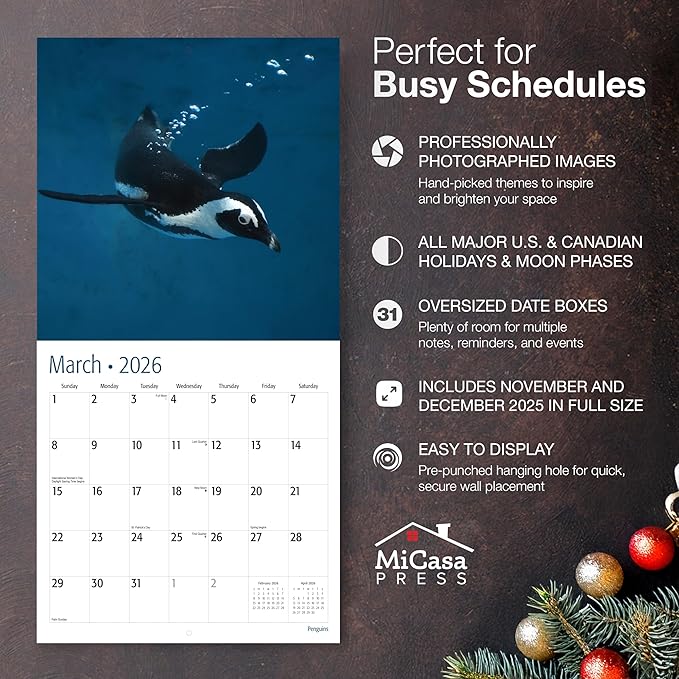 MICASA PRESS Penguins 2026 Wall Calendar 12 Month | 12" x 24" Open | Thick & Sturdy Paper | Giftable | Animal Calendar 2026