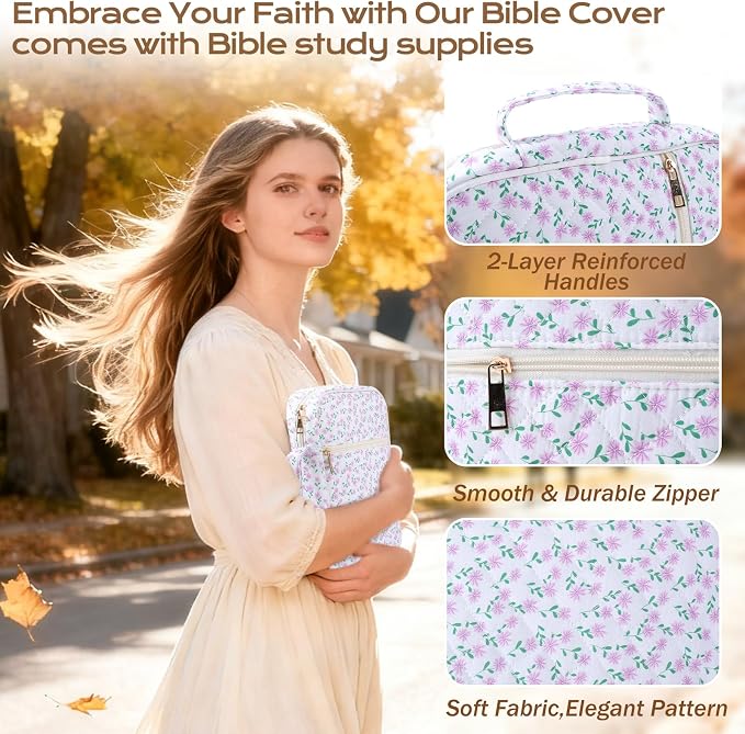 XKDOUS Large Bible Cover Case for Women Durable Carrying Book Case with Tabs, Handle & Pocket, Floral Bible Bags Study Supplies Organizer for Christian Gifts