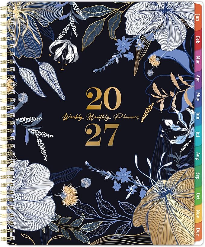 2027 Planner - 2027 Weekly and Monthly Planner, 11" x 9", Jan. 2027 - Dec.2027, Planner 2027 with Colorful Tabs, Premium Thick Paper, Twin-Wire Binding - Floral Black Cover
