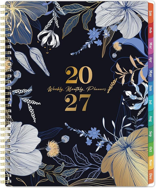 2027 Planner - 2027 Weekly and Monthly Planner, 11" x 9", Jan. 2027 - Dec.2027, Planner 2027 with Colorful Tabs, Premium Thick Paper, Twin-Wire Binding - Floral Black Cover