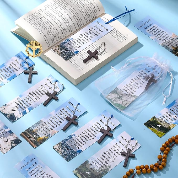 Dispowreath 24 Pcs Father's Day Christian Gifts Include 12 Wooden Cross Charm 12 Man of God Bookmark Religious Church Gift Special Dad for Men Church Prizes Party Favor