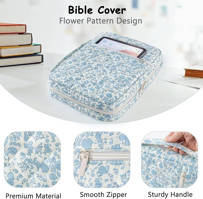 Quilted Bible Cover Case for Women, Large Bible's Bag with Pockets & Handle, Bible Carrying Case Organizer for Bible Study Supplies, Christian Gifts, Fits Large & Small Bibles