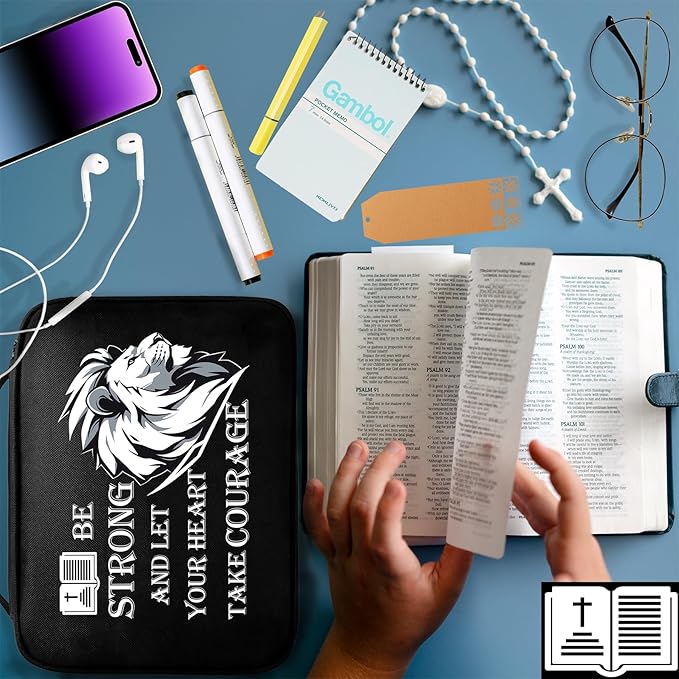 Courage Lion Bible Case, Practical Black Bible Cover Case with Handle, Pockets, Pen Slots, 10” x 8” Portable Bible Carrier Bag Fit Medium to Small Bibles Christian Church Gifts for Men Women