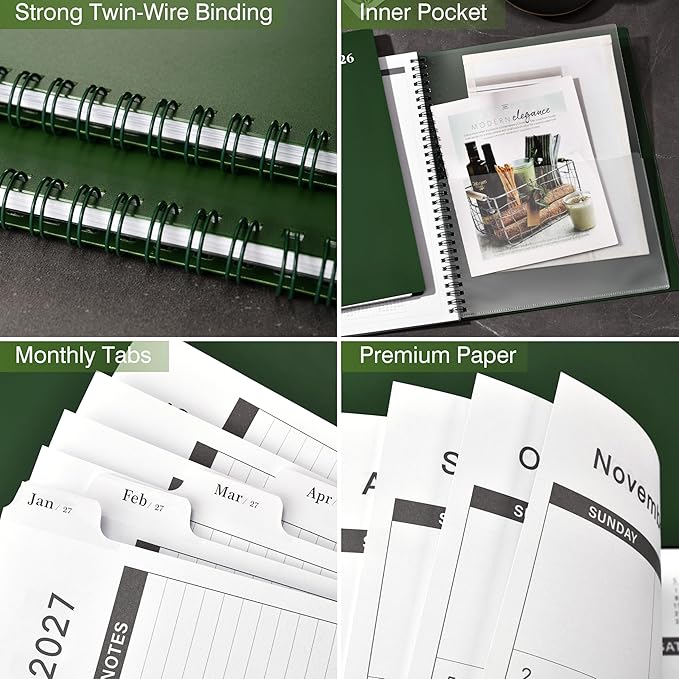 Monthly Planner 2026-2027 - JUL 2026- DEC 2027, 9" × 11" Monthly Calendar, Planner 2026-2027, 18-Month Calendar Planner with Tabs, Thick Paper, Pocket, Label, Twin- Wire Binding- Dark Green