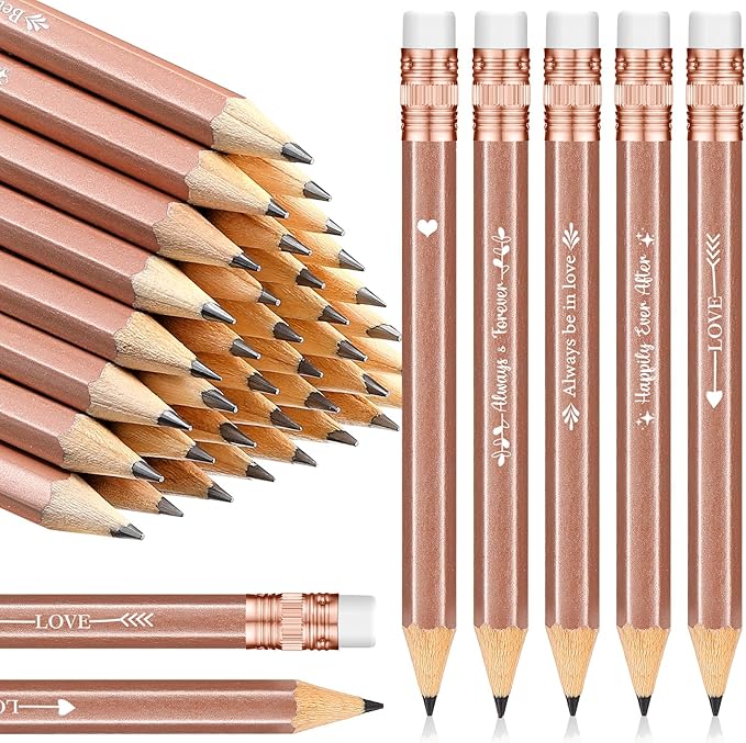 Crtiin 50 Pcs Bridal Shower Pencils Half Golf Wedding Pencils with Eraser 4 Inch Short Pocket Pre Sharpened for Wedding Game Bridal Shower Presents Classroom School(Rose Gold)